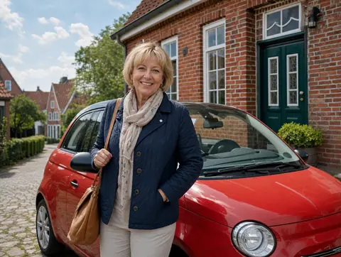 Verkäufer aus Steinen mit dem verkauften Fahrzeug